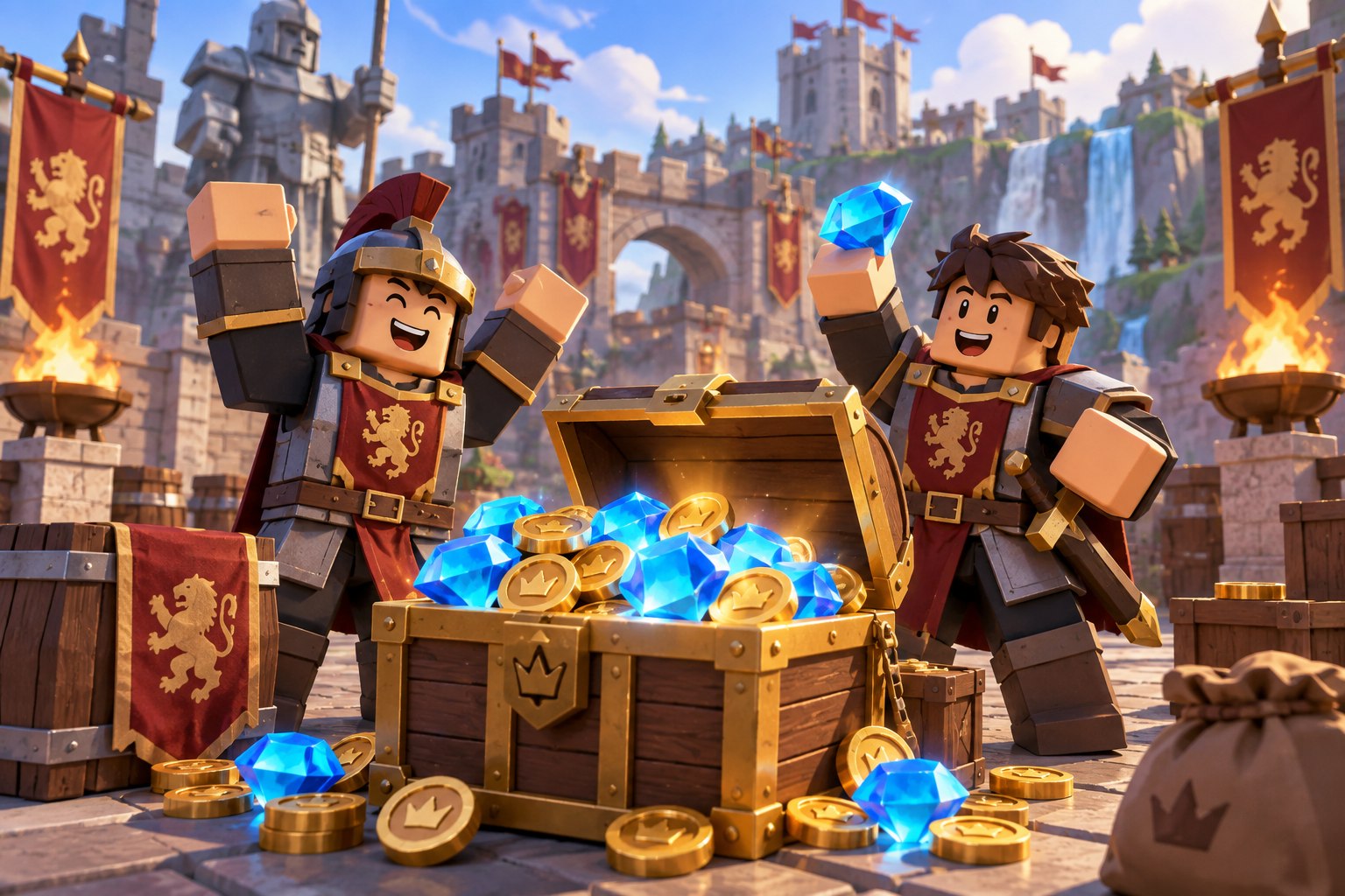 Reward chest with gems and gold tokens