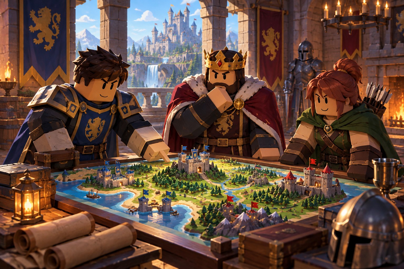 Three commanders planning around a war council table