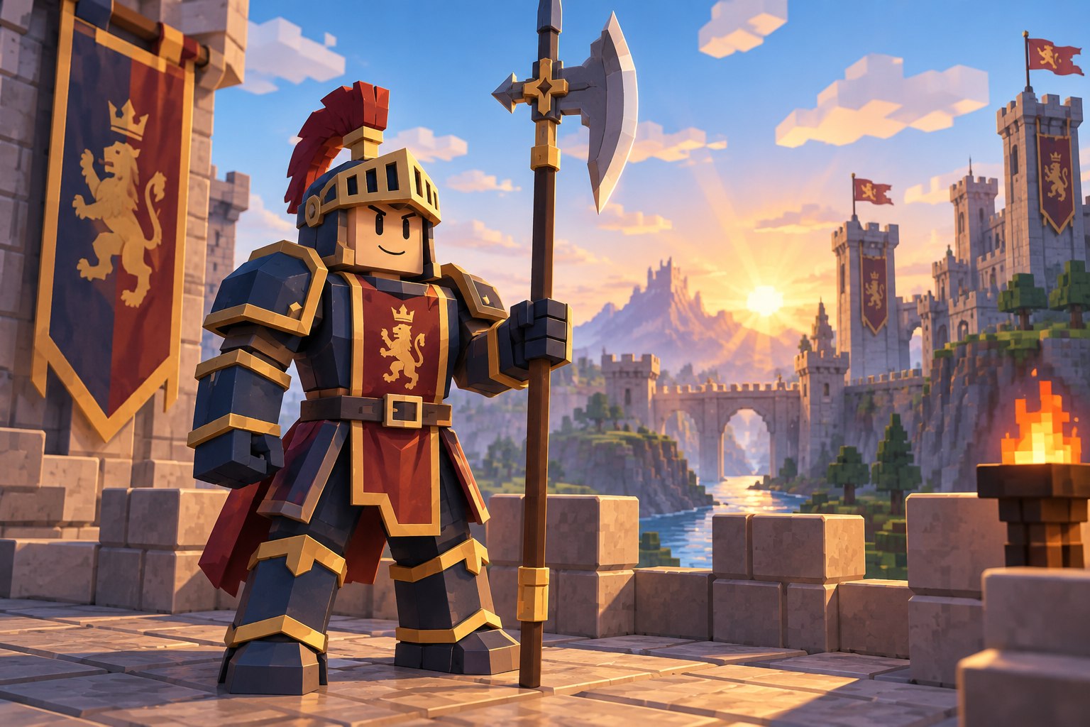 Halberdier standing among fortress guards
