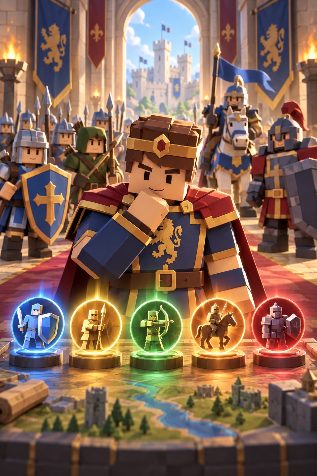 A blocky commander choosing unit roles from a colorful medieval roster