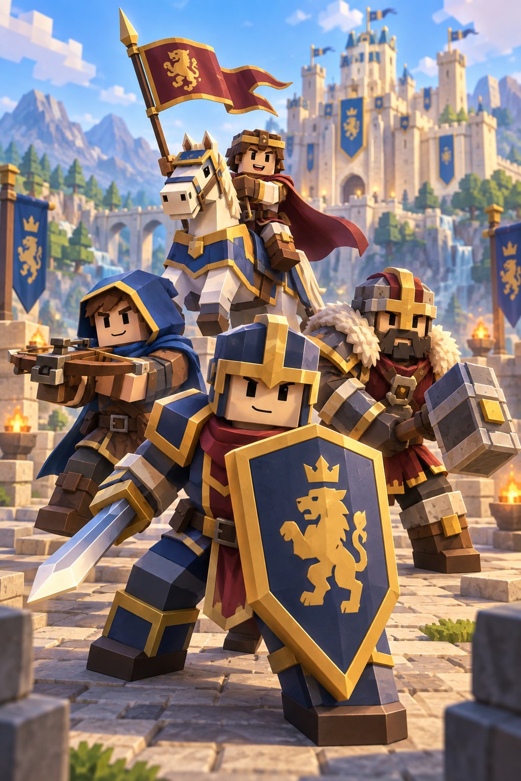 A colorful blocky lineup of Command An Army unit roles outside a fortress