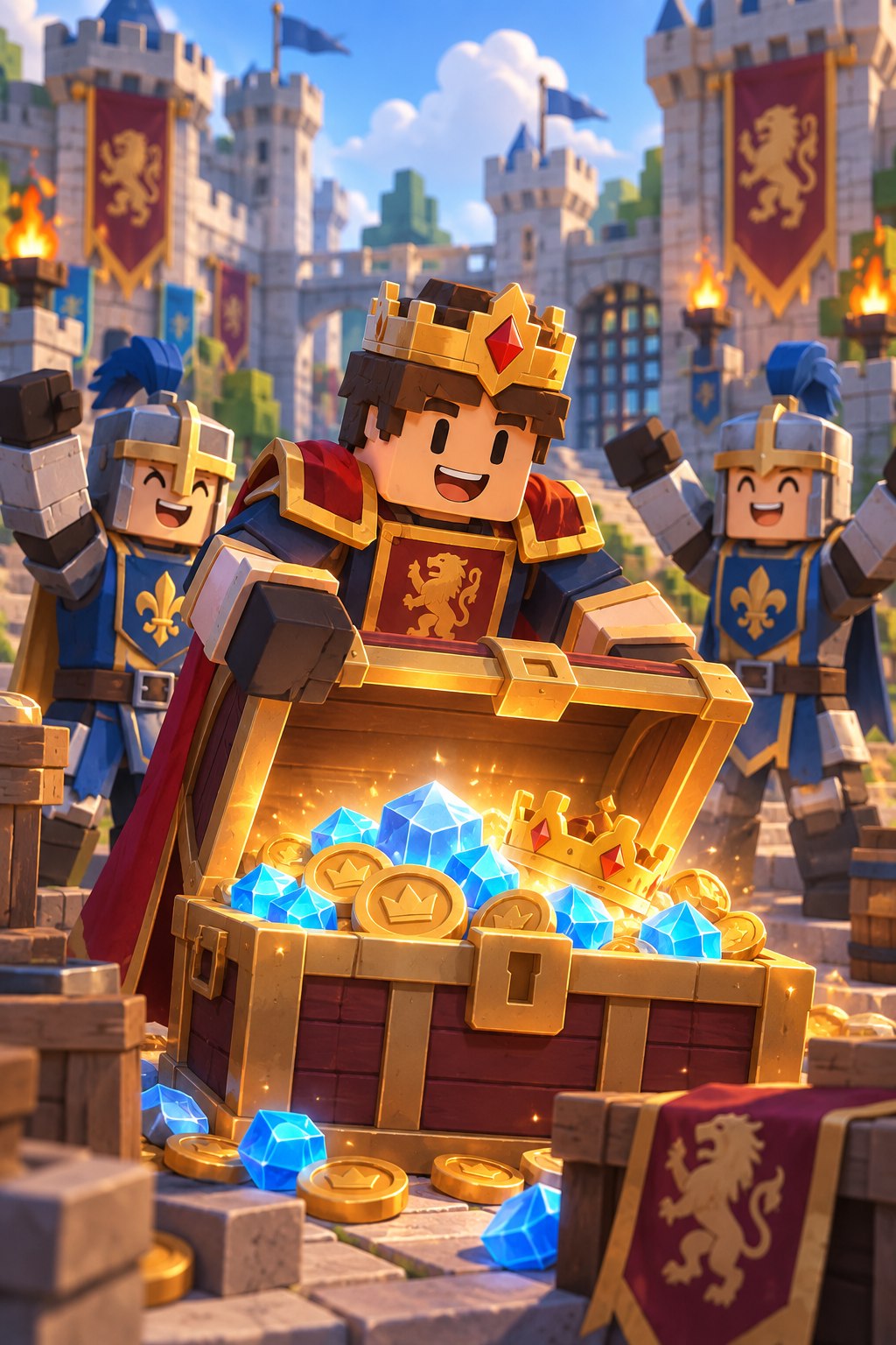 A blocky medieval commander opening a chest of blue gems and gold tokens