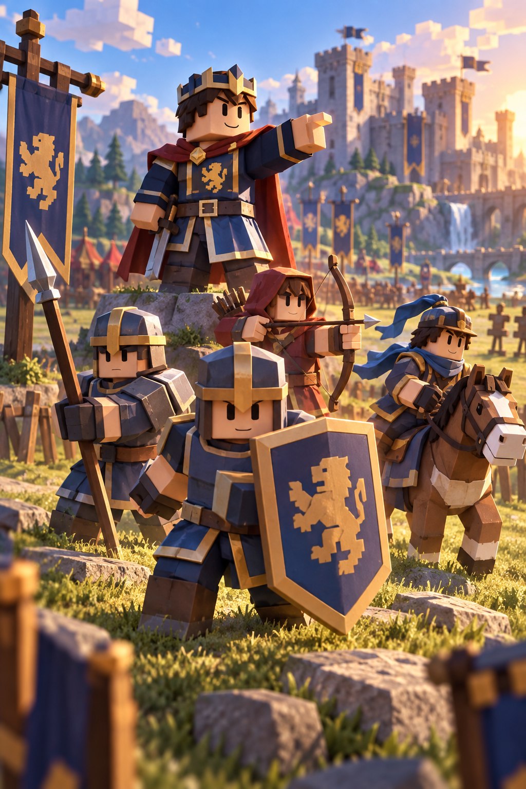 A blocky commander directing a balanced four-unit formation outside a fortress