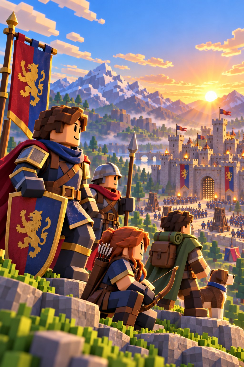 Commander and a balanced squad overlooking a fortified battlefield at sunrise